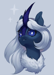 Size: 761x1051 | Tagged: source needed, safe, artist:nagathesiren, oc, oc only, oc:calliope, kirin, pony, unicorn, au:equuis, blue eyes, bust, female, horn, kirin oc, mare, portrait, purple sclera, simple background, solo, sparkly, sparkly eyes, white hair, white mane