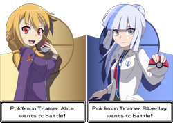 Size: 3057x2165 | Tagged: safe, artist:zacatron94, oc, oc only, oc:alice goldenfeather, oc:silverlay, human, blue background, clothes, duo, female, humanized, pokéball, pokémon, simple background, yellow background