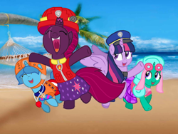 Size: 1440x1080 | Tagged: safe, artist:徐詩珮, fizzlepop berrytwist, glitter drops, spring rain, tempest shadow, twilight sparkle, twilight sparkle (alicorn), alicorn, unicorn, series:sprglitemplight diary, series:sprglitemplight life jacket days, series:springshadowdrops diary, series:springshadowdrops life jacket days, alternate universe, base used, beach, bisexual, broken horn, clothes, cute, equestria girls outfit, female, glitterbetes, glitterlight, glittershadow, horn, lesbian, lifeguard, lifeguard spring rain, paw patrol, polyamory, shipping, sprglitemplight, springbetes, springdrops, springlight, springshadow, springshadowdrops, swimsuit, tempestbetes, tempestlight