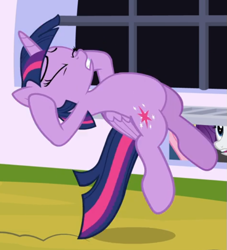 Size: 613x676 | Tagged: safe, screencap, rarity, twilight sparkle, twilight sparkle (alicorn), alicorn, pony, unicorn, sparkle's seven, cropped, eyes closed, midair, offscreen character