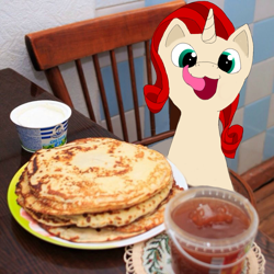 Size: 800x800 | Tagged: safe, artist:anonymous, edit, oc, oc:ruby (8chan), /pone/, 8chan, blini, catjazz, cream, cyrillic, food, jam, kot blini, licking, licking lips, meme, pancakes, ponified animal photo, russian, tongue out