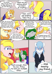 Size: 2508x3541 | Tagged: safe, artist:calamity-studios, oc, oc only, oc:bunny beat, oc:prima cella, earth pony, pony, unicorn, comic:black star tales, angry, bitch, bully, bullying, clothes, comic, dialogue, frown, grin, lockers, open mouth, school uniform, smiling