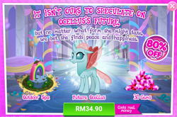 Size: 1028x680 | Tagged: safe, ocellus, spike, changedling, changeling, dragon, the last problem, advertisement, costs real money, crack is cheaper, dj scales and tail, female, gameloft, gem, older, older ocellus, sale, smiling, solo