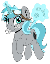 Size: 3152x4000 | Tagged: safe, artist:partylikeanartist, oc, oc:rym, pony, unicorn, bolts, goggles, looking away, nuts, safety goggles, smiling, solo, wrench