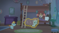 Size: 1366x766 | Tagged: safe, screencap, ocellus, snips, yona, changedling, changeling, pony, unicorn, yak, 2 4 6 greaaat, bed, blanket burrito, bunk bed, carpet, chest, clock, colt, curtain, dark, dormitory, drawer, female, ladder, lamp, levitation, magic, male, mirror, picture frame, pillow, rug, sleepy, stool, telekinesis, trio, whistle