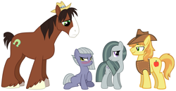 Size: 2095x1077 | Tagged: safe, braeburn, limestone pie, marble pie, trouble shoes, earth pony, pony, blushing, braeble, female, hearts and hooves day, holiday, limeshoes, looking at each other, male, not sure if want, pie sisters, shipping, siblings, sisters, size difference, smiling, straight, troublestone, valentine's day