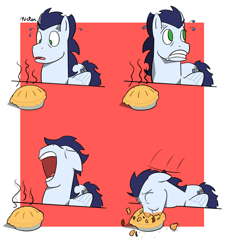 Size: 1208x1328 | Tagged: safe, artist:mister246, soarin', pegasus, pony, food, male, messy eating, pie, stallion, sweat, that pony sure does love pies