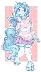 Size: 1920x3360 | Tagged: safe, artist:acry-artwork, oc, oc only, oc:winter doodle, anthro, unguligrade anthro, unicorn, abstract background, anthro oc, blushing, clothes, cute, female, heart eyes, leg warmers, mare, miniskirt, moe, outline, skirt, solo, sweater, unshorn fetlocks, white outline, wingding eyes