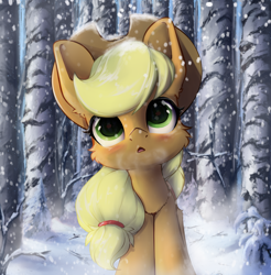 Size: 1848x1876 | Tagged: safe, artist:hitbass, applejack, earth pony, pony, cheek fluff, chest fluff, cute, ear fluff, female, forest, hat, jackabetes, mare, open mouth, scenery, snow, snowfall, solo, tree, winter