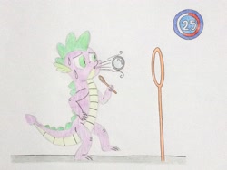 Size: 3264x2448 | Tagged: safe, artist:don2602, spike, dragon, blowing, blowing bubbles, bubble, hoop, minute to win it, nervous, semi full-grown, solo, sweat, sweating profusely, timer, traditional art