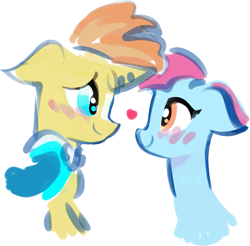 Size: 913x897 | Tagged: safe, artist:gine_zatr, blue bobbin, sunburst, pony, blueburst, blushing, shipping, smiling