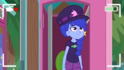 Size: 1280x720 | Tagged: safe, screencap, space camp (character), better together, equestria girls, five lines you need to stand in, background character, background human, braided ponytail, hat, not luna, outhouse