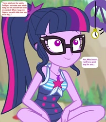 Size: 653x748 | Tagged: safe, edit, edited screencap, editor:thomasfan45, screencap, sci-twi, twilight sparkle, human, equestria girls, equestria girls series, forgotten friendship, 1000 hours in ms paint, beach, clothes, cropped, crossed legs, cute, description is relevant, female, geode of telekinesis, hypno eyes, hypnosis, hypnotized, implied sunset shimmer, legs, looking up, magical geodes, mental shift, offscreen character, one-piece swimsuit, pendulum swing, pocket watch, sexy, sitting, smiling, solo, speech bubble, story included, swimsuit, twiabetes