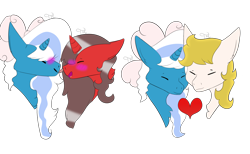 Size: 2600x1600 | Tagged: safe, artist:angelicharmonyy, oc, oc only, oc:fleurbelle, oc:golden skies, oc:ironyoshi, alicorn, alicorn oc, blushing, bow, eyes closed, female, fleurden, hair bow, heart, mare, shipping, simple background, transparent background