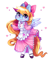 Size: 900x990 | Tagged: safe, artist:ipun, oc, oc only, oc:ribbon love, anthro, pegasus, unguligrade anthro, anthro oc, apron, arm hooves, bow, chibi, clothes, deviantart watermark, dress, female, friendship cafe, hair bow, heart, maid, mare, obtrusive watermark, shoes, simple background, socks, solo, transparent background, watermark