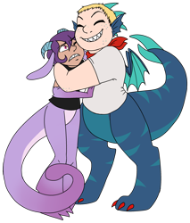 Size: 2375x2782 | Tagged: safe, artist:/d/non, oc, oc only, oc:grill, oc:pierce, dragon, satyr, hug, parent:prominence, parent:thod, simple background, transparent background