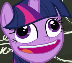 Size: 1236x1080 | Tagged: safe, screencap, twilight sparkle, twilight sparkle (alicorn), alicorn, pony, best gift ever, chalkboard, crazy face, cropped, derp, faic, female, mare, open mouth, pudding face, smiling, solo, twilight snapple, twilight sparkle is best facemaker, twilynanas, wall eyed, wat