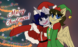 Size: 5894x3607 | Tagged: artist needed, safe, oc, oc only, oc:chance mccoy, oc:moonlit silver, pegasus, unicorn, christmas, clothes, costume, cute, duo, holiday, pegasus oc, santa costume, tree, wings