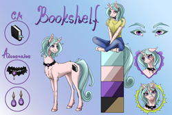 Size: 1486x1000 | Tagged: safe, artist:tri-edge, oc, oc only, oc:bookshelf, anthro, pony, unguligrade anthro, unicorn, accessories, amethyst, anthro oc, blushing, book, bookmark, chest fluff, choker, clothes, color palette, ear piercing, earring, female, gradient background, heart eyes, jeans, jewelry, mare, pants, piercing, reference sheet, shirt, sitting, solo, t-shirt, unshorn fetlocks, wingding eyes, ych result