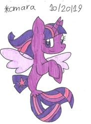 Size: 783x1070 | Tagged: safe, artist:cmara, twilight sparkle, twilight sparkle (alicorn), alicorn, seapony (g4), female, mare, raised hoof, seaponified, seapony twilight, simple background, solo, species swap, traditional art, white background