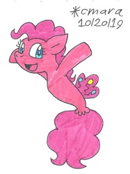 Size: 755x1010 | Tagged: safe, artist:cmara, derpibooru import, pinkie pie, seapony (g4), female, mare, open mouth, raised hoof, seaponified, seapony pinkie pie, simple background, solo, species swap, traditional art, white background