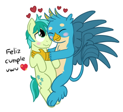 Size: 1806x1648 | Tagged: safe, artist:cutestlesbian, gallus, sandbar, earth pony, griffon, pony, blushing, cuddling, eyes closed, flying, gallbar, gay, heart, hug, male, shipping, simple background, smiling, spanish, stallion, text, uwu, white background