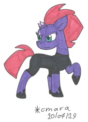 Size: 838x1148 | Tagged: safe, artist:cmara, tempest shadow, pony, unicorn, broken horn, clothes, eye scar, female, hoof shoes, horn, mare, raised hoof, scar, shirt, simple background, solo, traditional art, white background