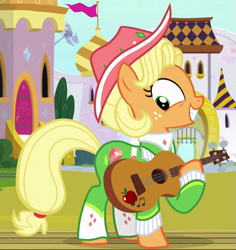 Size: 619x657 | Tagged: safe, derpibooru import, screencap, applejack, earth pony, pony, sparkle's seven, apple chord, cropped, excited, female, freckles, guitar, happy, mare, smiling, solo