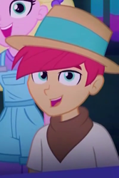 Size: 400x600 | Tagged: safe, screencap, hunter hedge, sandy cerise, better together, equestria girls, sunset's backstage pass!, background human, clothes, cropped, female, happy, hat, male, overall shorts, overalls, panama hat, shorts, solo focus