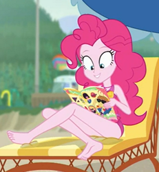 Size: 484x524 | Tagged: safe, screencap, feather bangs, pinkie pie, better together, equestria girls, friendship math, barefoot, clothes, feet, legs, sleeveless, swimsuit