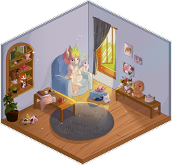 Size: 923x891 | Tagged: safe, artist:shiroikitten, oc, bear, cow, fox, octopus, pig, pony, rabbit, unicorn, whale, animal, female, isometric, magic, mare, pixel art, plushie, room, sewing, solo, table