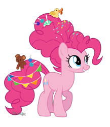 Size: 2208x2544 | Tagged: safe, artist:dianamur, pinkie pie, earth pony, pony, the last problem, candy, candy in hair, confetti, female, food, lollipop, mare, older, older pinkie pie, rubber duck, simple background, solo, teddy bear, transparent background