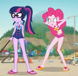 Size: 592x578 | Tagged: safe, screencap, pinkie pie, sci-twi, twilight sparkle, better together, equestria girls, friendship math, clothes, duo, duo female, feet, female, geode of sugar bombs, geode of telekinesis, magical geodes, out of context, sandals, sleeveless, swimsuit