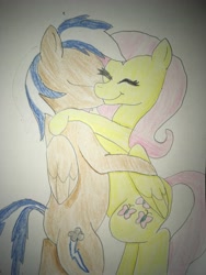 Size: 3024x4032 | Tagged: safe, artist:carlos324, fluttershy, oc, oc:carlos, oc:lightning burn, pegasus, pony, canon x oc, carloshy, color pencil drawing, flutterlos, hug, hugs and kisses, love, romance, shylos, traditional art