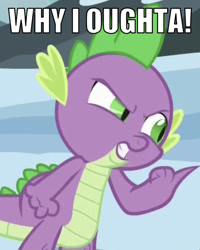 Size: 640x802 | Tagged: safe, edit, edited screencap, editor:undeadponysoldier, screencap, spike, dragon, the times they are a changeling, angry, caption, cropped, fist, image macro, male, meme, pointing, solo, text, why i ought a