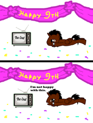 Size: 1000x1316 | Tagged: safe, oc, oc only, oc:bob, pony, pony creator, comic, confetti, disease not alicorn, happy birthday mlp:fim, mlp fim's ninth anniversary, solo, television