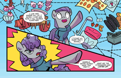 Size: 2160x1397 | Tagged: safe, artist:kate sherron, idw, maud pie, earth pony, pony, spoiler:comic, spoiler:comic86, alternate hairstyle, behaving like pinkie pie, bowl, curly mane, food, fork, ice cream, knife, ladle, maudie pie, punch (drink), punch bowl, record, record player, spoon, table, twister