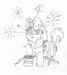 Size: 3936x4427 | Tagged: safe, artist:foxtrot3, oc, oc only, oc:party favor, kirin, 4th of july, fireworks, holiday, kirin oc, pencil drawing, smiling, solo, traditional art