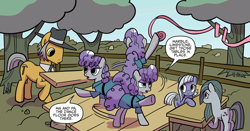 Size: 2160x1130 | Tagged: safe, artist:kate sherron, idw, igneous rock pie, limestone pie, marble pie, maud pie, earth pony, spoiler:comic, spoiler:comic86, alternate hairstyle, behaving like pinkie pie, curly mane, dance floor, maudie pie, rock farm, streamers, table, tree