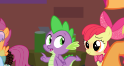 Size: 2259x1208 | Tagged: safe, derpibooru import, edit, edited screencap, screencap, apple bloom, applejack, scootaloo, spike, sweetie belle, dragon, earth pony, pegasus, pony, episode needed, female, male, shipping, spikebloom, straight