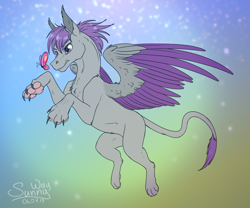 Size: 1200x1000 | Tagged: safe, artist:sunny way, oc, oc only, oc:corpsly, butterfly, pony, sphinx, catching, claws, flying, leonine tail, male, paw pads, paws, rcf community, solo, sphinx oc, toe beans, two toned wings, underpaw, wings