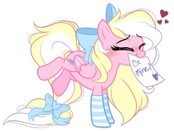 Size: 4223x3195 | Tagged: safe, artist:emberslament, oc, oc only, oc:bay breeze, pegasus, pony, blushing, bow, clothes, cute, eyes closed, female, hair bow, mare, mouth hold, ocbetes, simple background, socks, striped socks, tail bow, transparent background