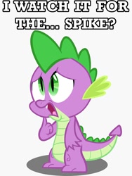 Size: 750x1000 | Tagged: safe, spike, dragon, caption, confused, curious, image macro, male, meme, open mouth, simple background, solo, spikelove, text, thinking, vector, white background