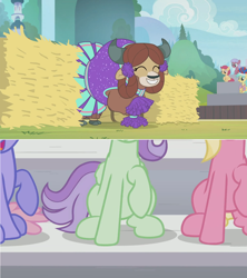 Size: 1362x1534 | Tagged: safe, edit, edited screencap, screencap, rainbowshine, sunshower raindrops, violet twirl, yona, pony, yak, 2 4 6 greaaat, bleachers, cheerleader, cheerleader outfit, cheerleader yona, clothes, cloven hooves, comic, crowd, female, fence, friendship student, hay, hay bale, monkey swings, pleated skirt, pom pom, screencap comic, skirt, stomping