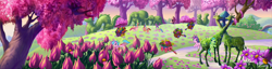 Size: 2104x540 | Tagged: safe, edit, edited screencap, screencap, breezie, g3, the princess promenade, breezie blossom, composite screencap, flower, gardening, hedge animals, hiding, panorama, planting, playing, wheelbarrow