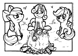 Size: 1097x786 | Tagged: safe, artist:shema-the-lioness, artist:shemalioness, apple bloom, scootaloo, sweetie belle, earth pony, pegasus, pony, unicorn, black and white, campfire, color me, cutie mark crusaders, female, filly, fire, food, grayscale, inktober, lineart, marshmallow, monochrome, s'mores, sidemouth, sitting, smiling, spread wings, tongue out, trio, wings