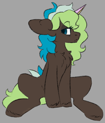 Size: 1406x1652 | Tagged: safe, artist:spoopygander, oc, oc:bright side, pony, unicorn, chest fluff, looking at you, multicolored hair, multicolored horn, sitting, solo, unshorn fetlocks