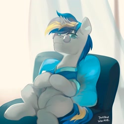 Size: 2048x2048 | Tagged: safe, artist:tingsan, oc, oc only, oc:dopami korpela, pony, unicorn, backlighting, cape, chair, clothes, curtains, glasses, looking at you, male, older, pillow, shawl, sitting, skunk stripe, sofa, solo