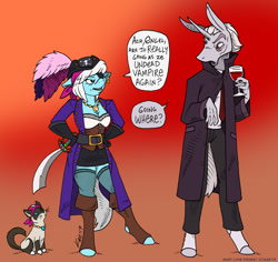 Size: 1100x1039 | Tagged: safe, artist:kaemantis, photo finish, zesty gourmand, anthro, unguligrade anthro, unicorn, clothes, costume, dialogue, digital art, female, lesbian, mare, pirate, shipping, zestyfinish