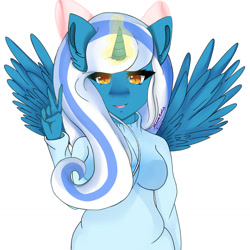 Size: 1280x1280 | Tagged: safe, artist:mirathehybridwolf, oc, oc:fleurbelle, alicorn, anthro, alicorn oc, bow, clothes, curvy, cute, female, golden eyes, hair bow, looking at you, mare, peace sign, sweater